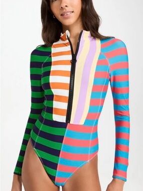 Staud The Amalia Rashguard Striped Colorblock  Swimsuit size XS